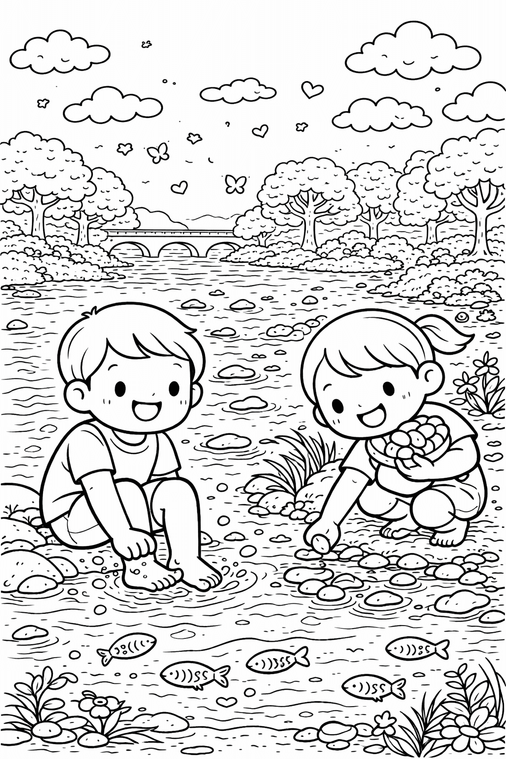 Kinder spielen am Isarufer - München Ausmalbild