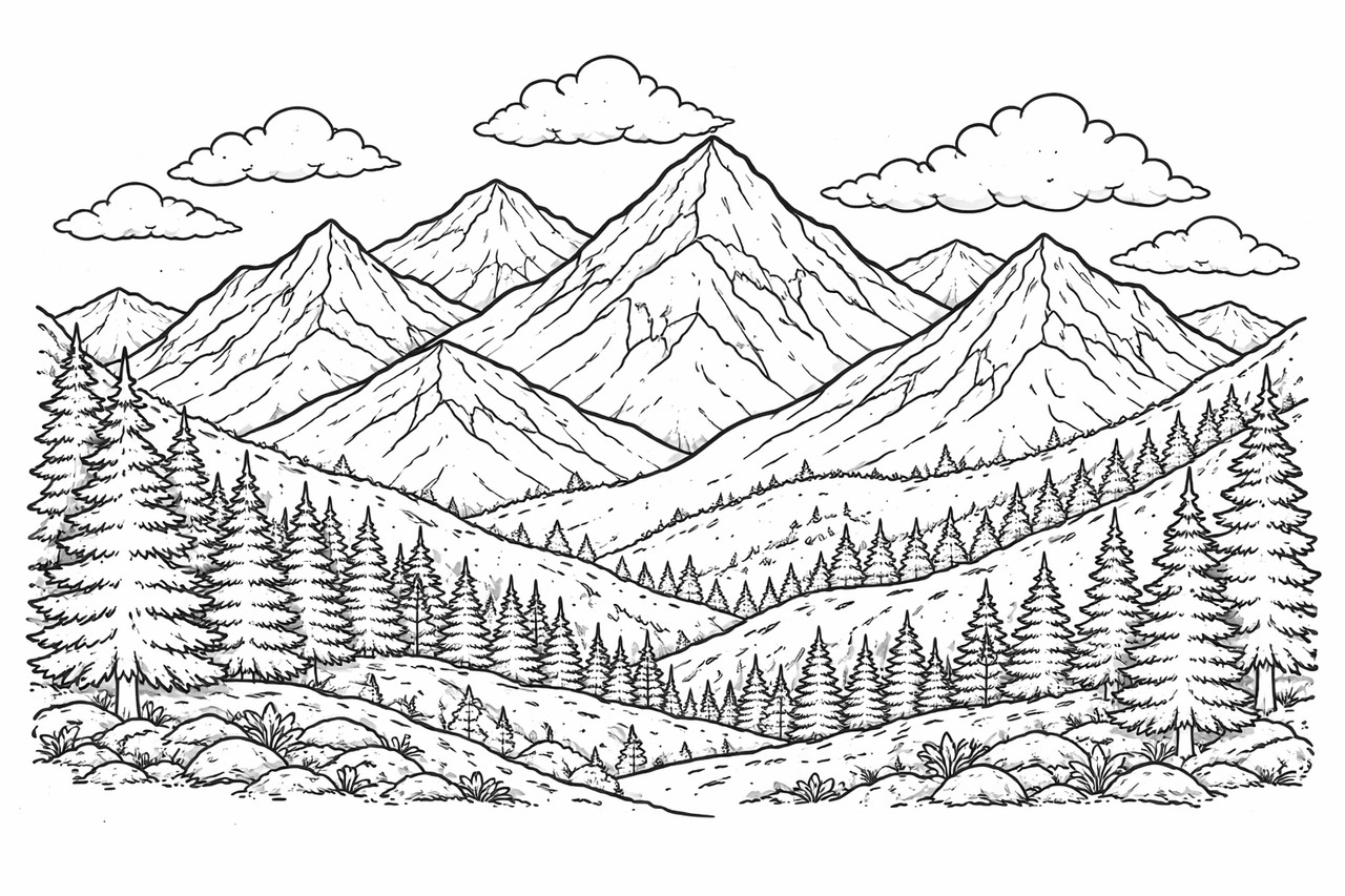 Majestätische Berge und Wälder - Ausmalbild