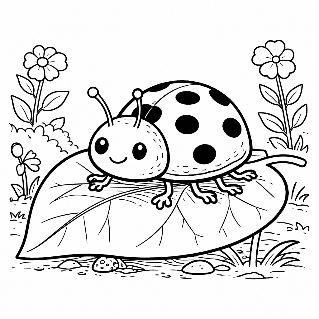 Marienkäfer auf Blatt - Ausmalbild