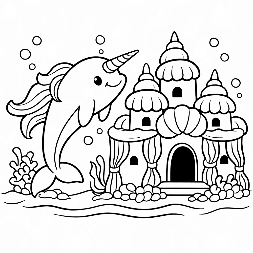 Meereseinhorn Vor Muschelburg - Ausmalbild