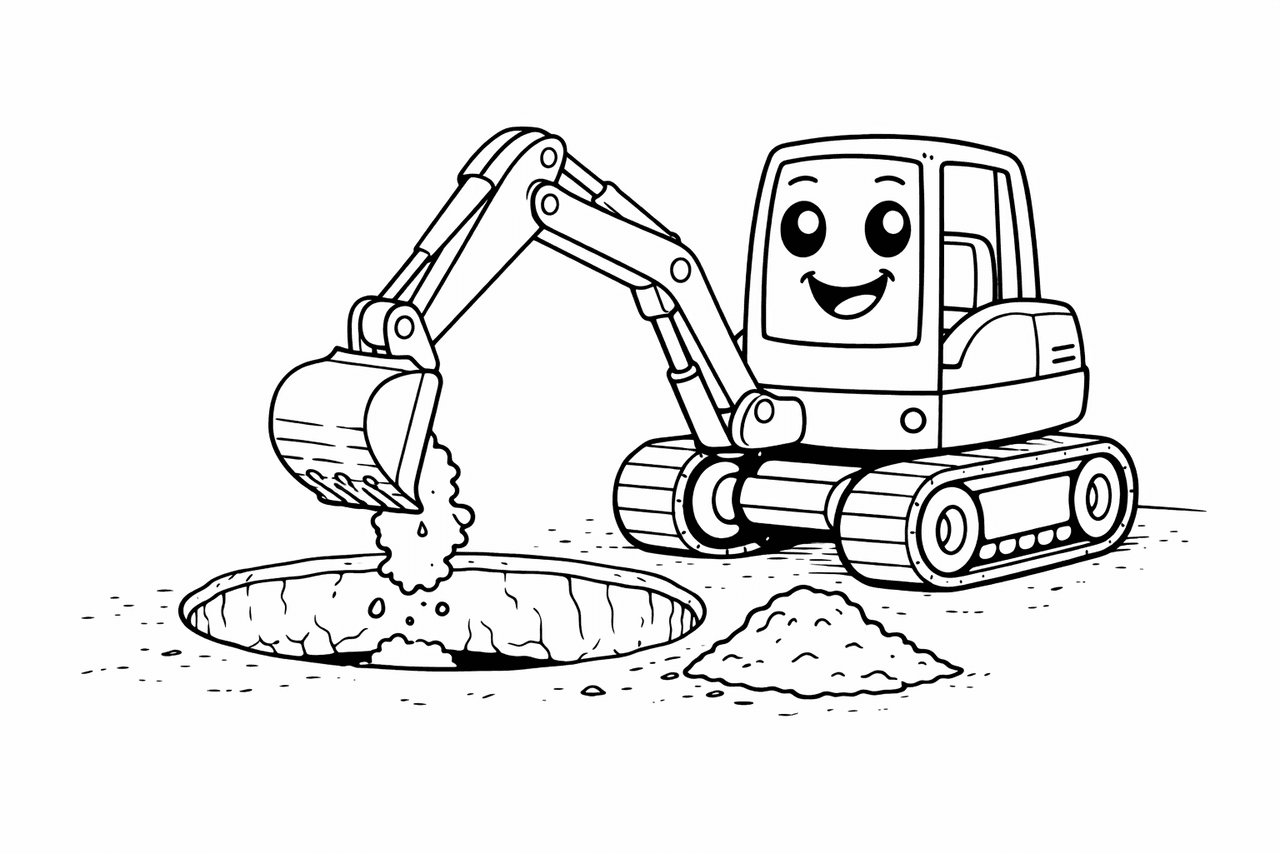 Mini-Bagger gräbt ein Loch - Ausmalbild