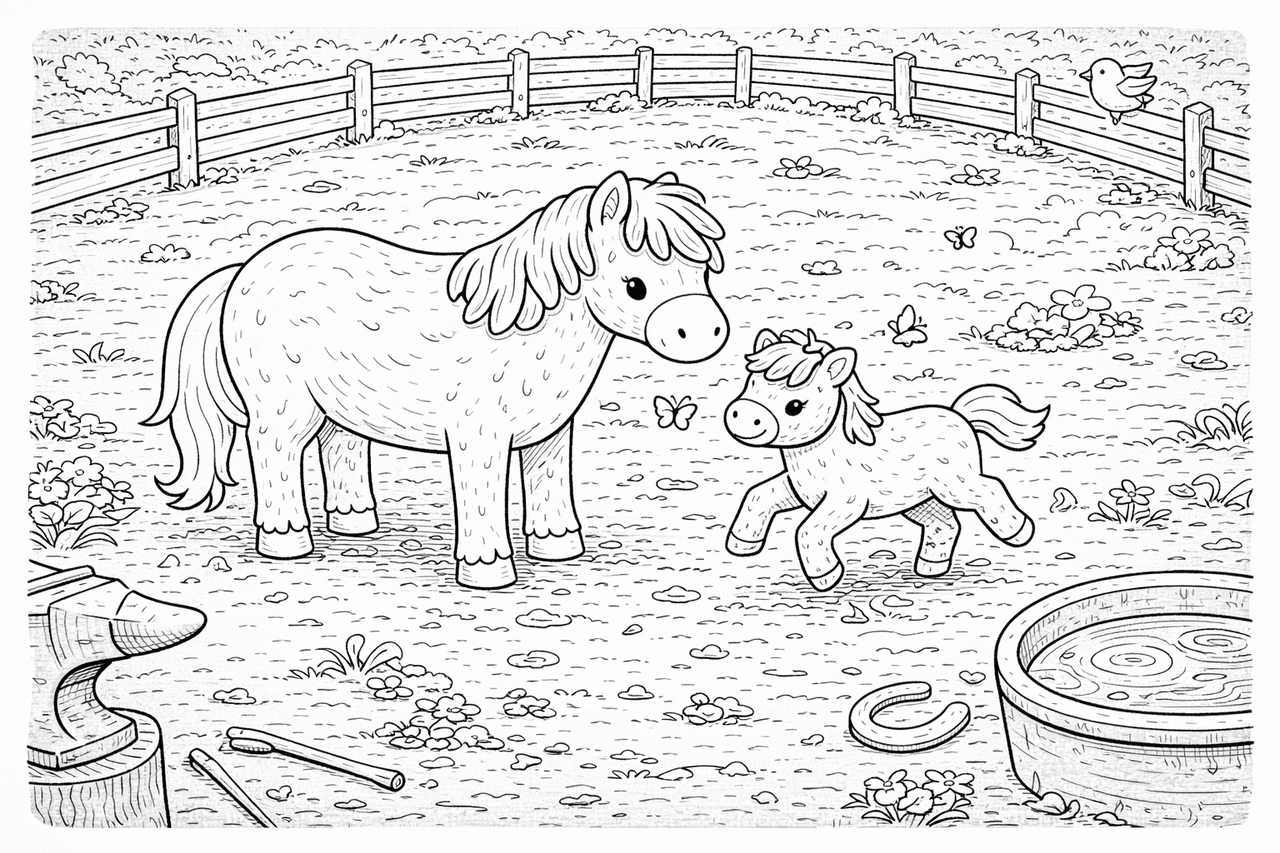 Mutterpferd mit Fohlen - Ausmalbild