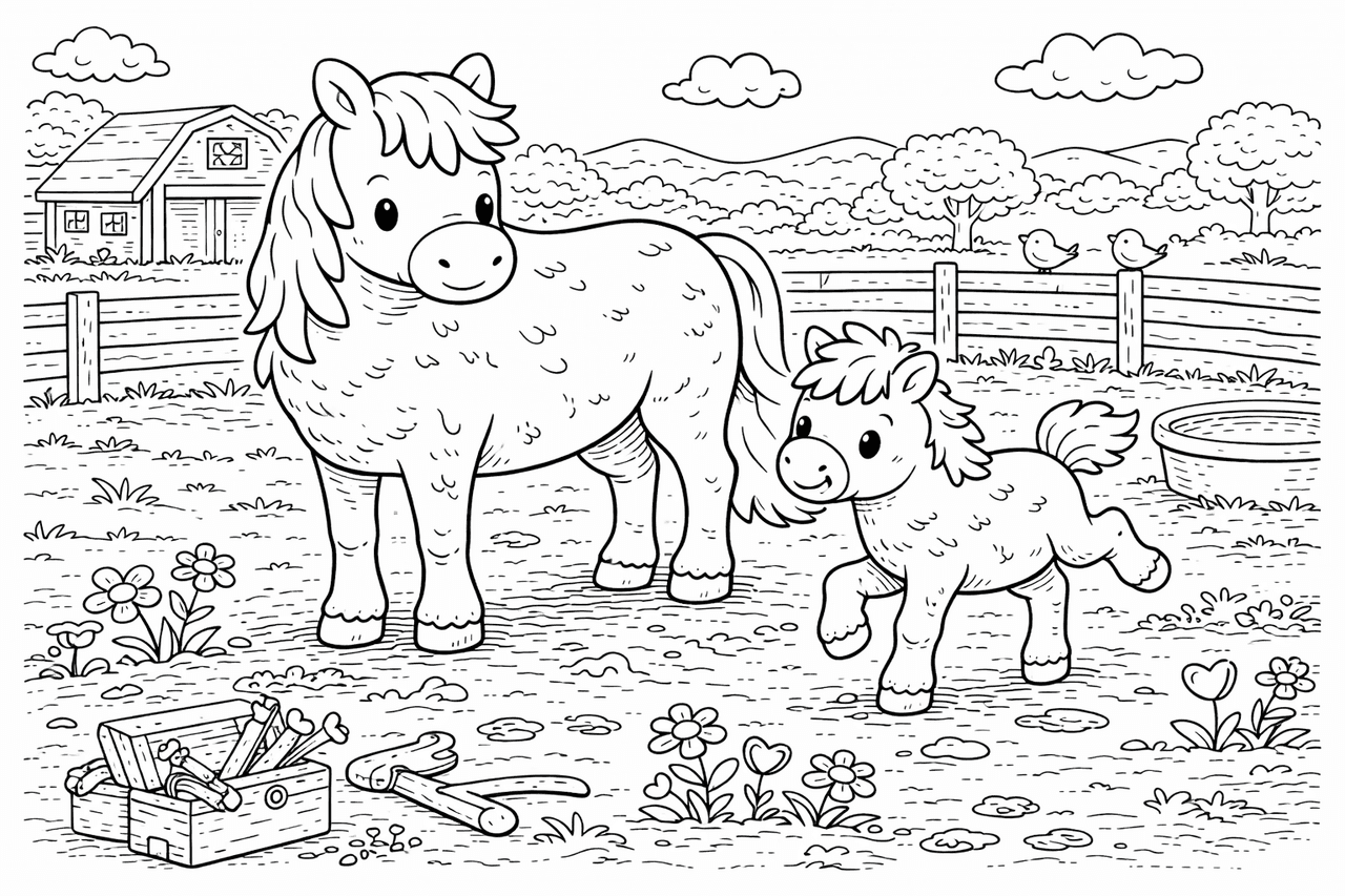 Stute mit Fohlen - Ausmalbild