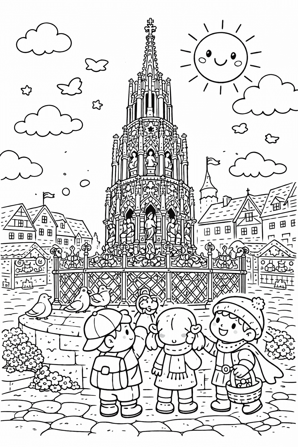 Kinder am Schönen Brunnen - Nürnberg Ausmalbild