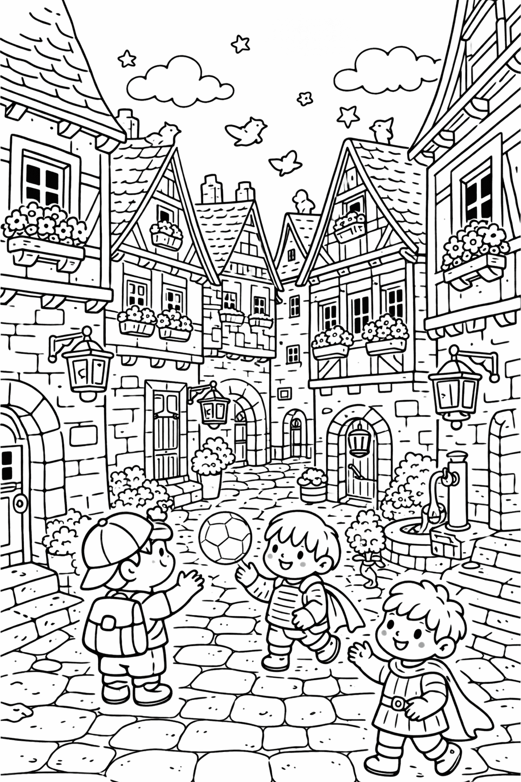 Spielende Kinder in Nürnbergs Altstadt - Ausmalbild