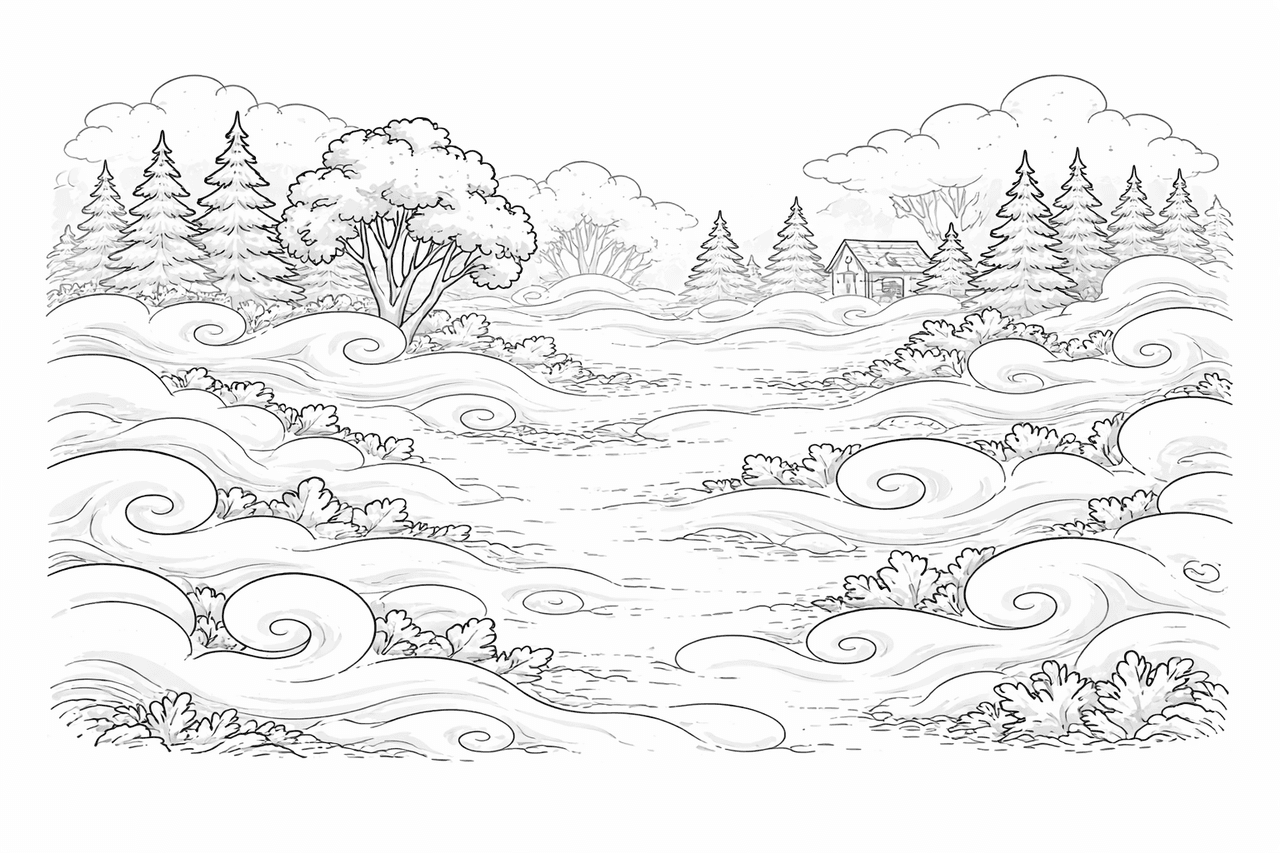 Nebliger Wald mit Haus - Ausmalbild