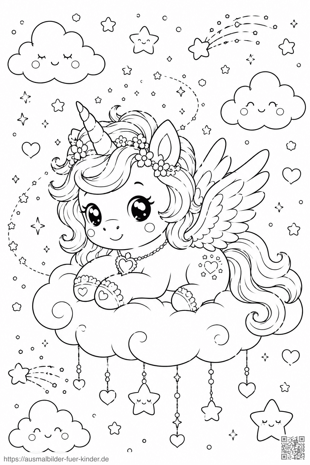 Niedlicher Einhornbaby auf einer Wolke - Ausmalbild