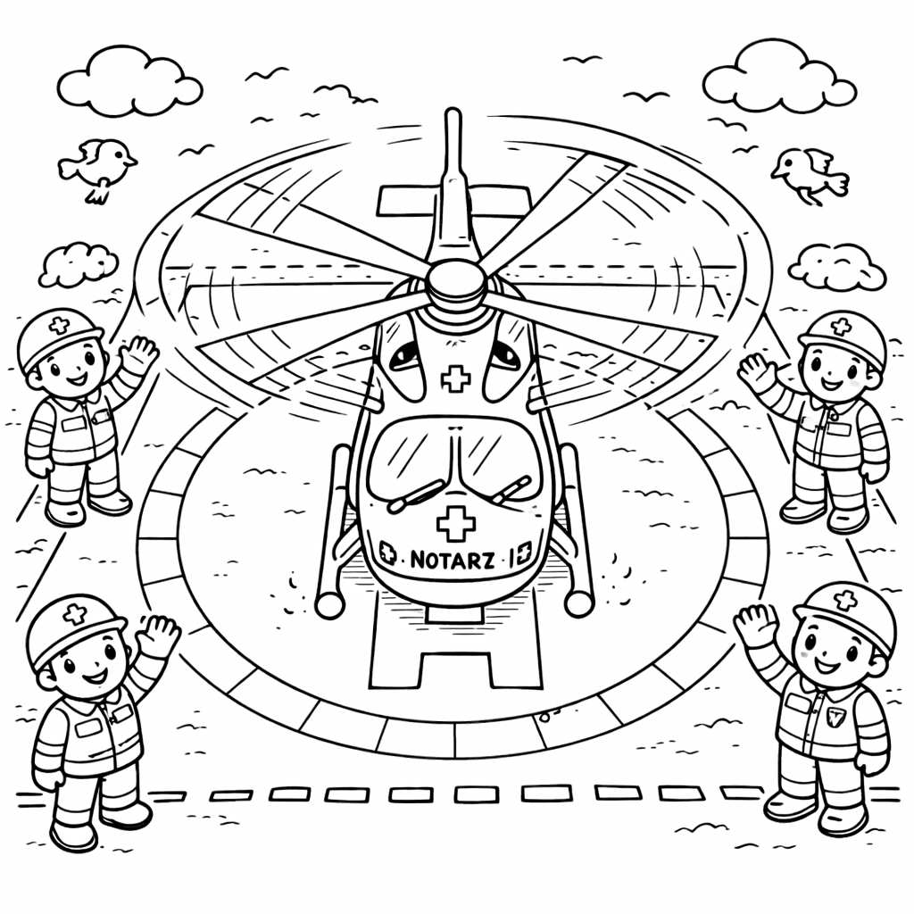 Notarzt-Hubschrauber landet auf dem Hubschrauberplatz - Ausmalbild