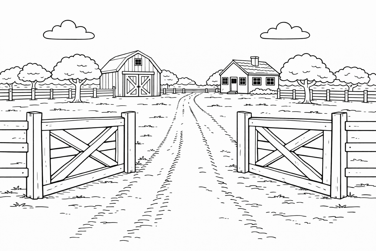 Offene Tore auf dem Bauernhof - Ausmalbild