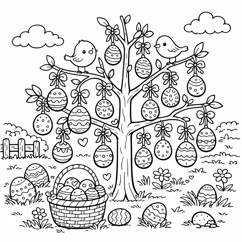 Osterbaum im Garten mit Vögeln - Ausmalbild