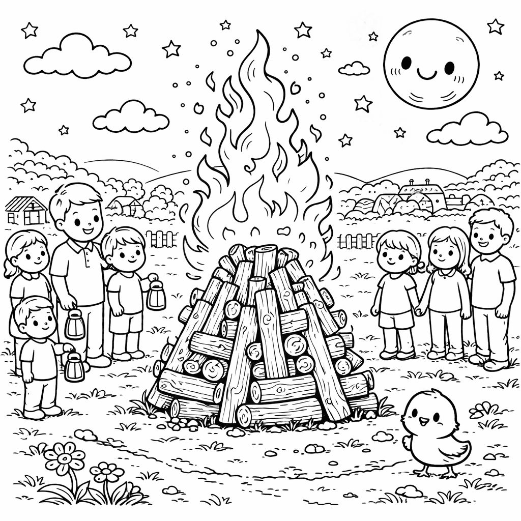 Osterfeuer mit Familien am Abend - Ausmalbild