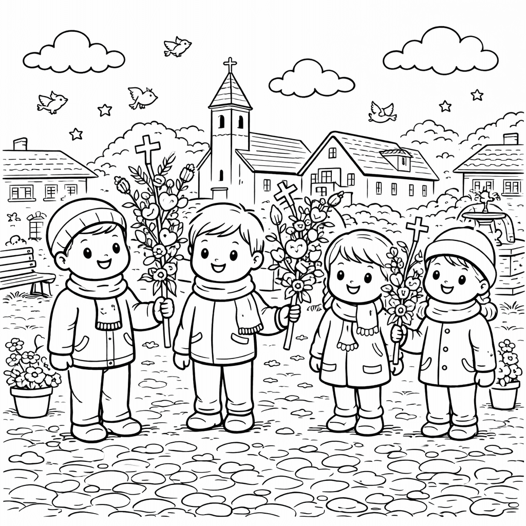 Osterfreude im Dorfplatz - Ausmalbild