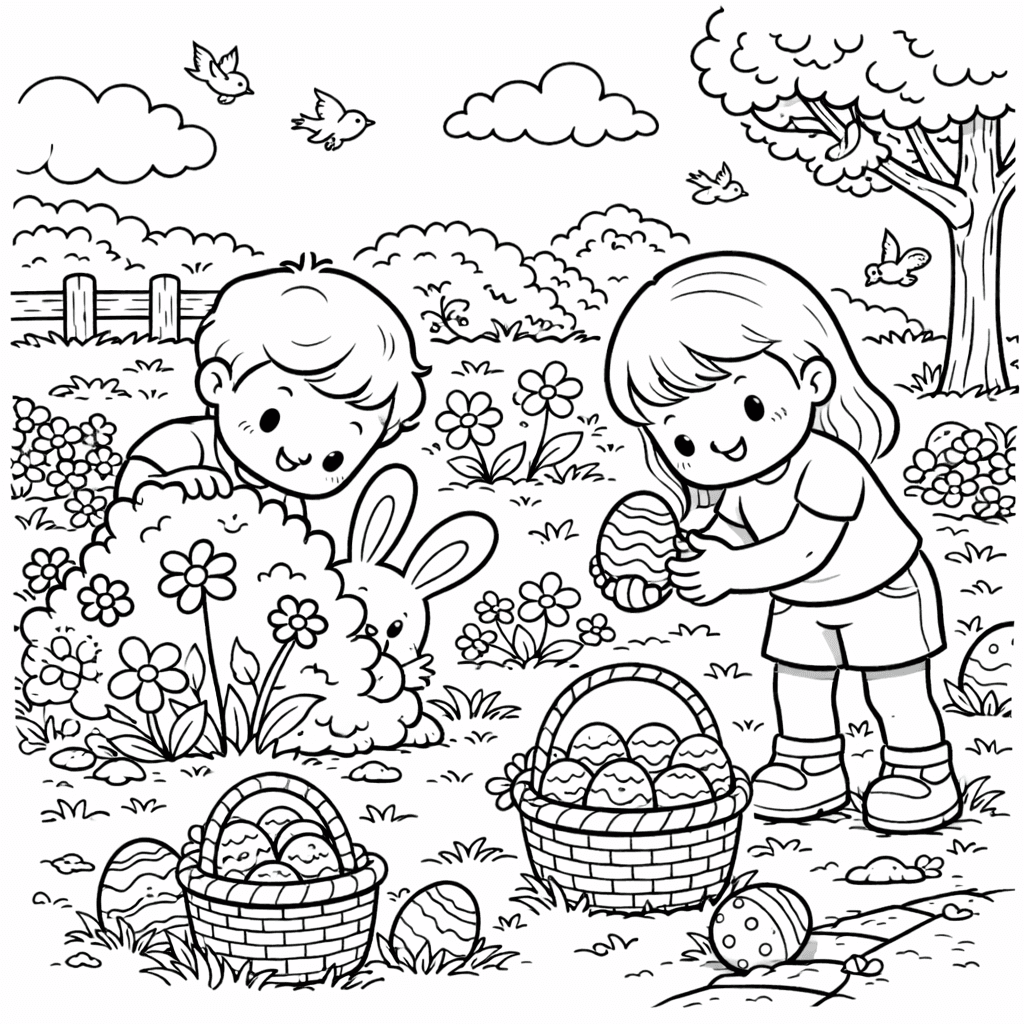 Ostersuche im Garten mit Kindern - Ausmalbild