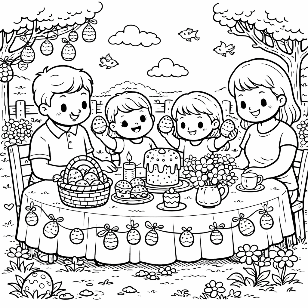 Ostertafel im Garten mit Familie - Ausmalbild