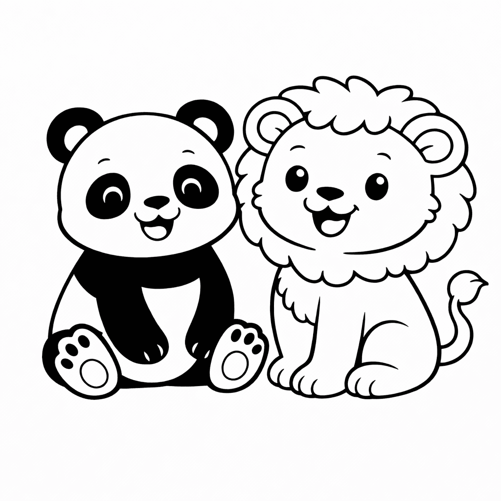 Panda und Löwe Freundschaft - Ausmalbild