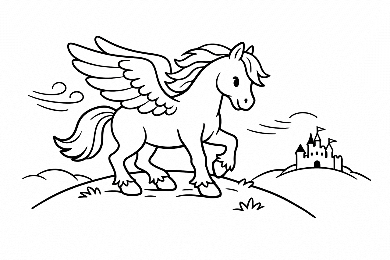 Pegasus Landet Auf Dem Hügel - Ausmalbild