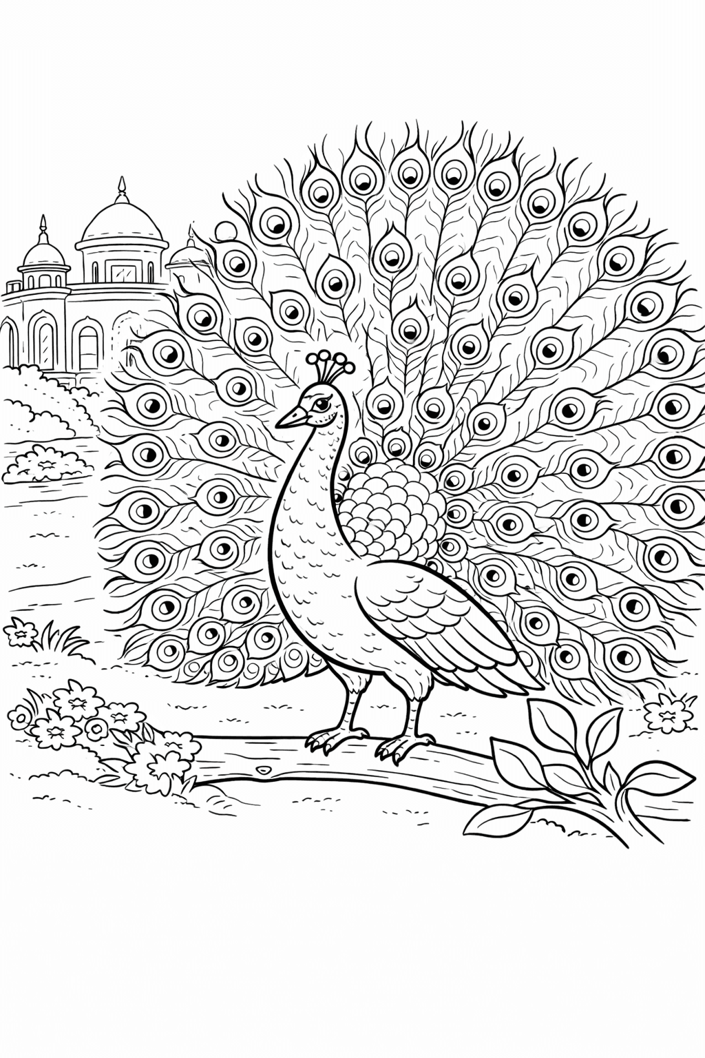 Pfau vor Palast - Ausmalbild