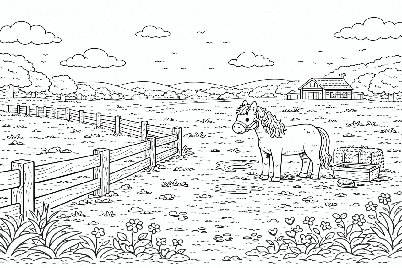 Pferd auf der Weide - Ausmalbild