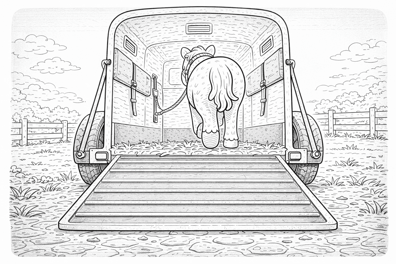 Pferd in Anhänger - Ausmalbild