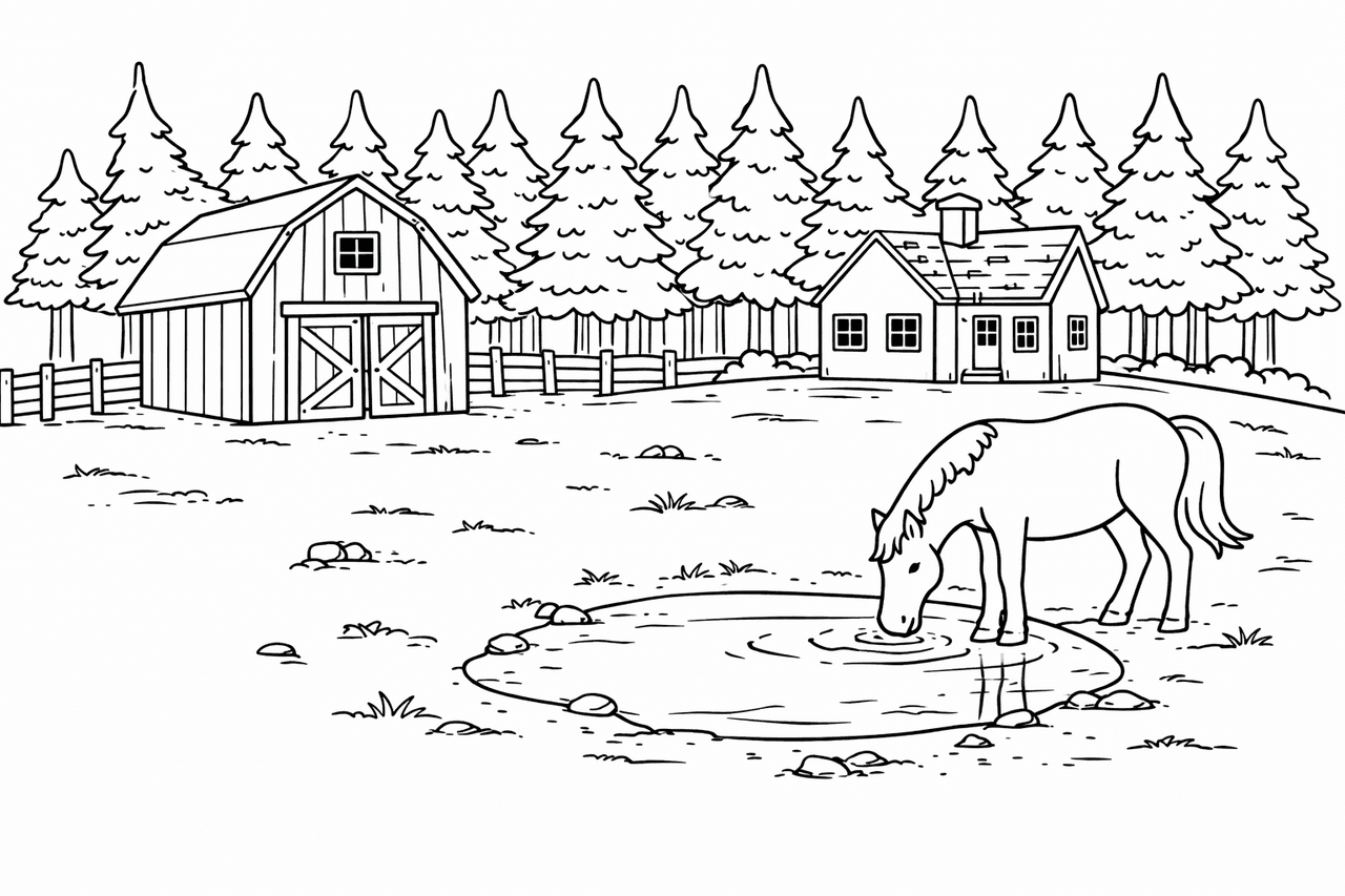 Pferd am Teich - Ausmalbild