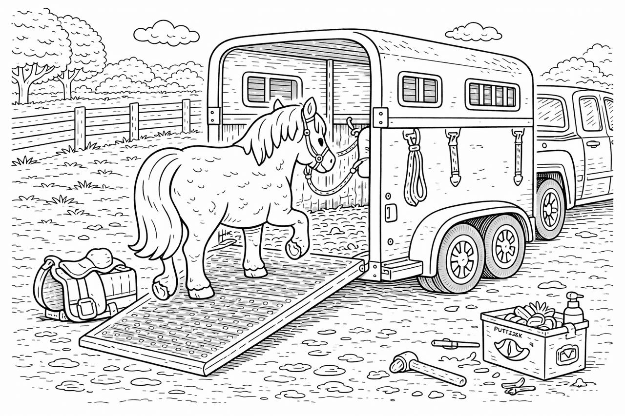 Pferd im Anhänger - Ausmalbild
