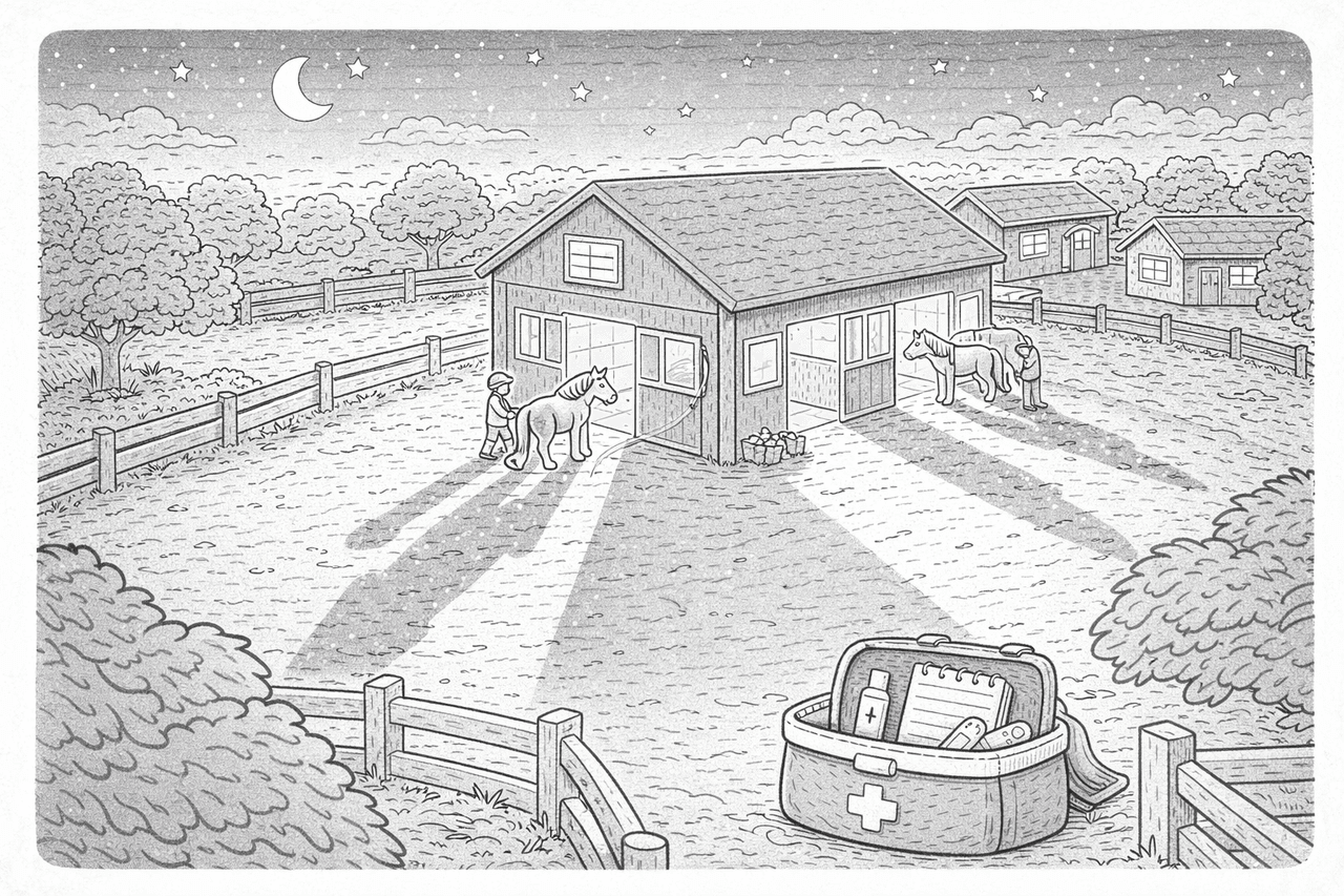 Pferdefarm Bei Dämmerung In Kawaii Stil