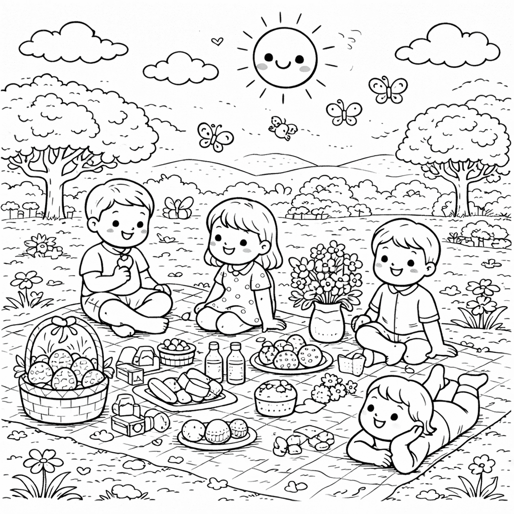 Pfingstpicknick im Frühlingsfeld - Ausmalbild