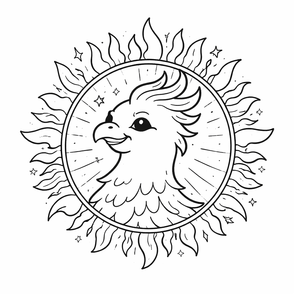Phönix Im Sonnenstrahlenrahmen - Ausmalbild