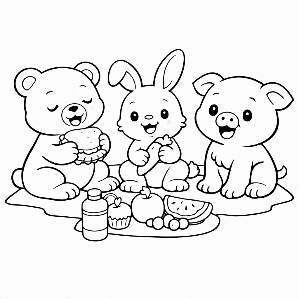 Picknick mit Freunden im Tierreich - Ausmalbild