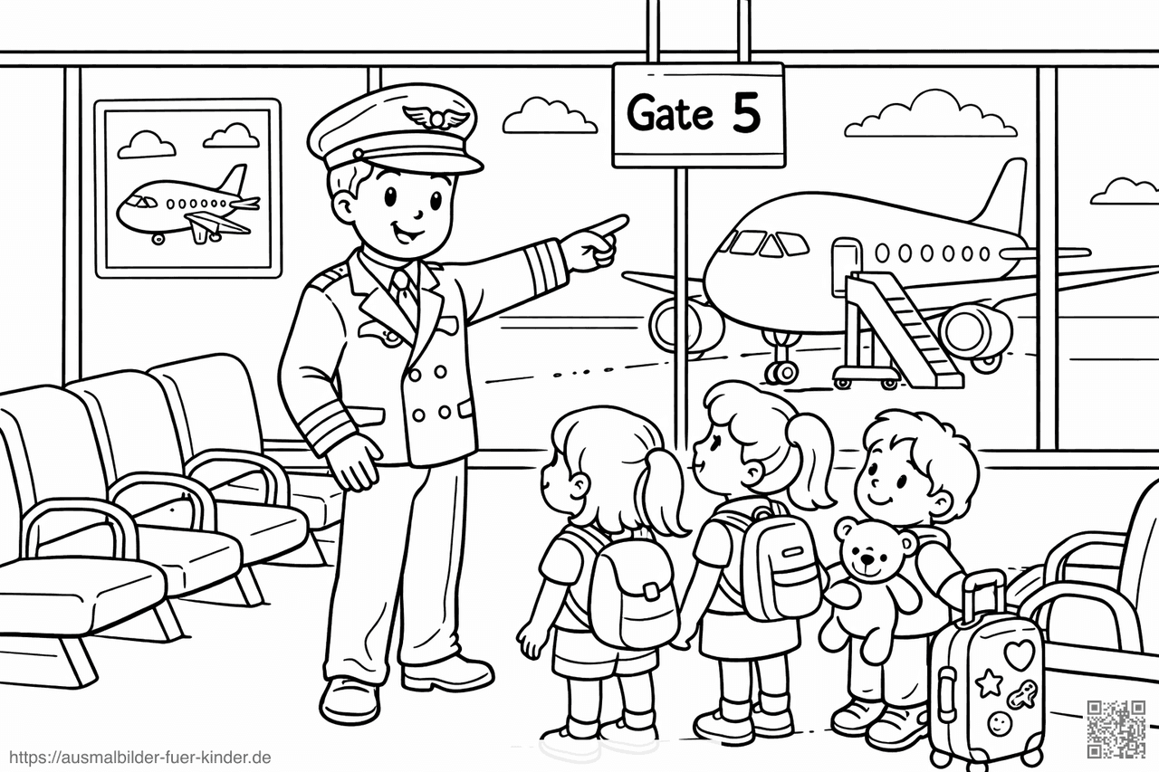 Flughafenabenteuer mit einem freundlichen Piloten - Ausmalbild