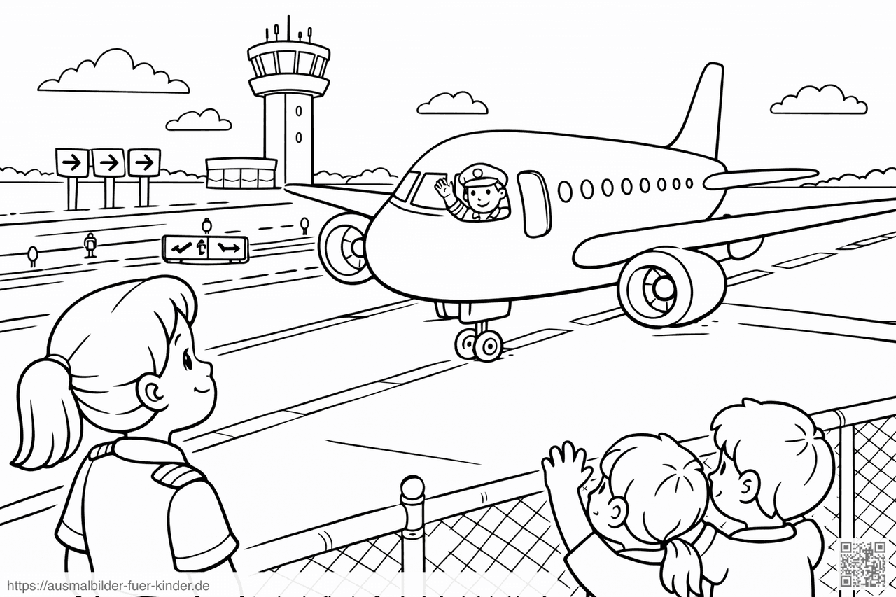 Flughafenblick mit winkendem Piloten - Ausmalbild