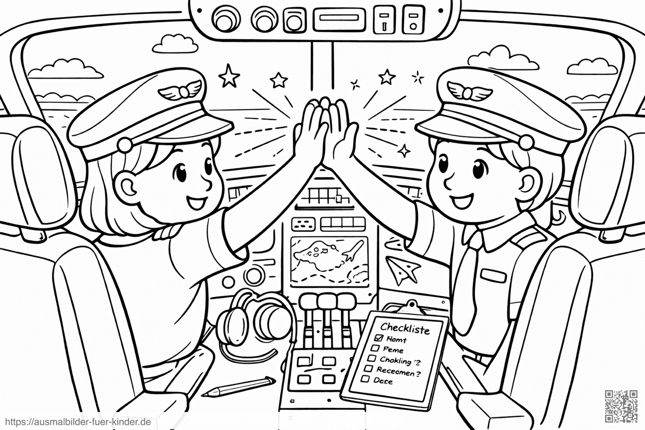 Kinderpiloten beim High-Five im Cockpit - Ausmalbild