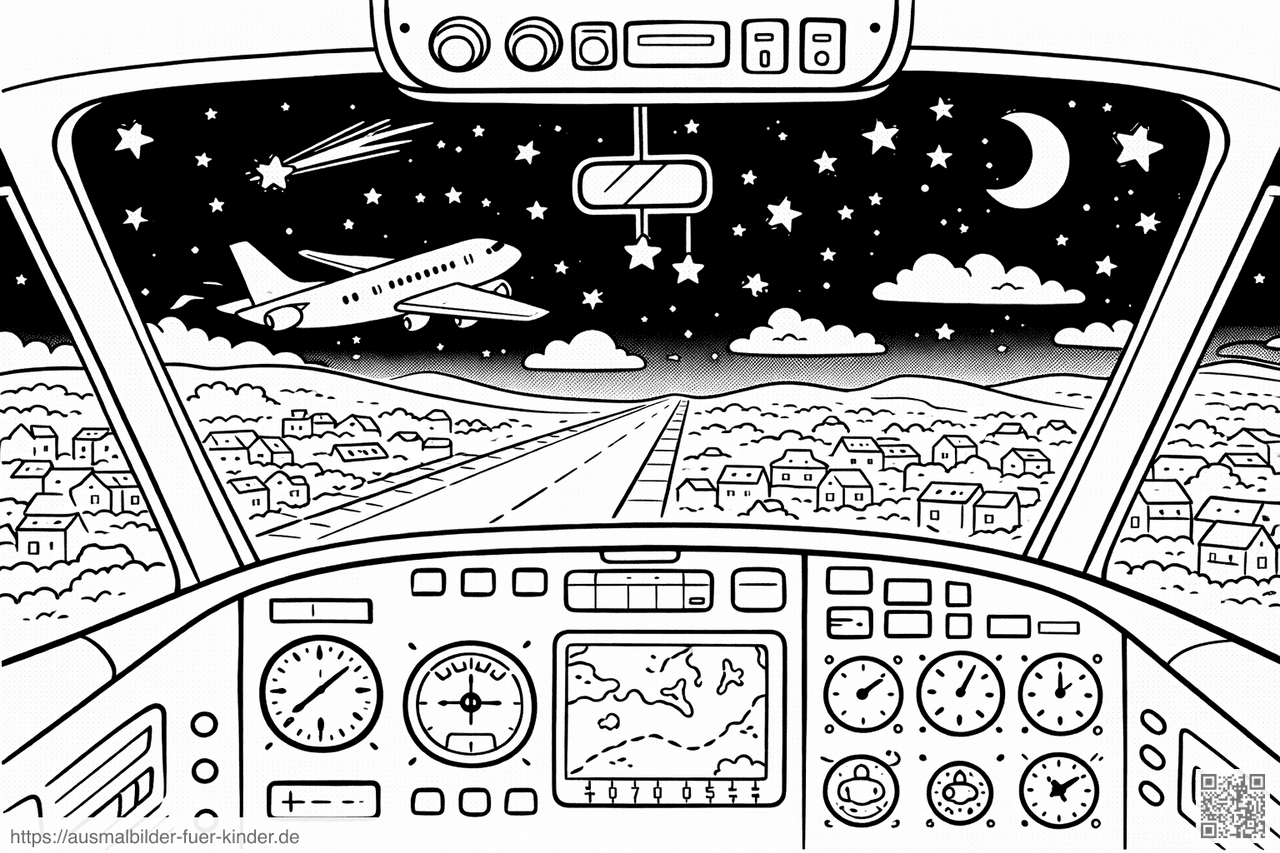 Nachtsicht aus einem Flugzeugcockpit - Ausmalbild