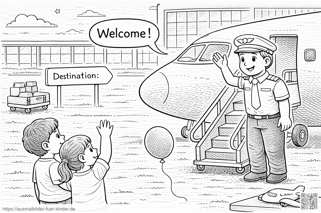 Pilot begrüßt Kinder am Flughafen - Ausmalbild