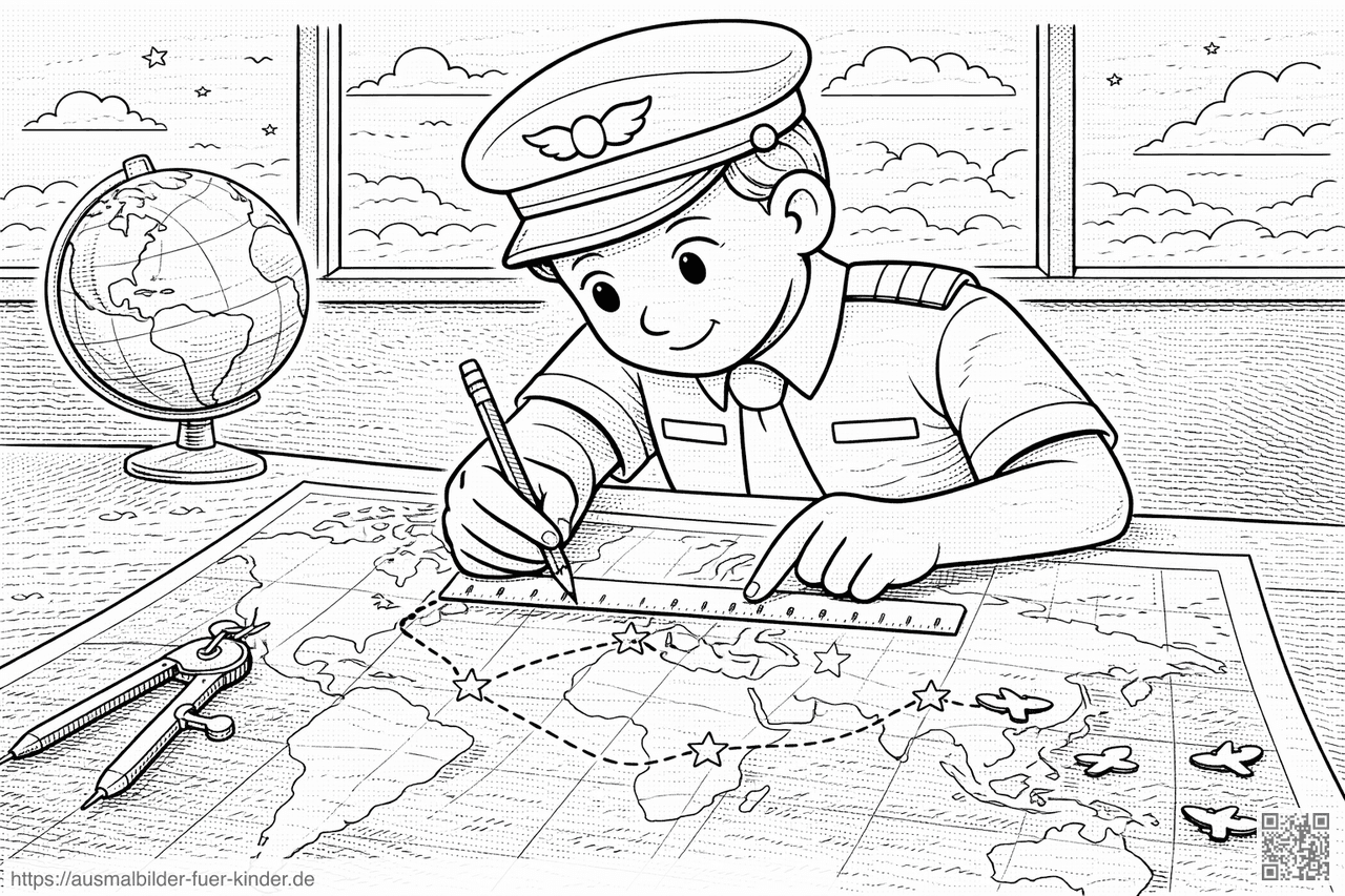 Pilot bei der Flugroutenplanung - Ausmalbild