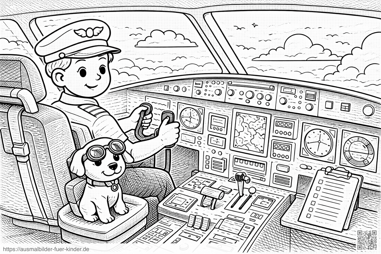 Pilot und Hund im Cockpit - Ausmalbild