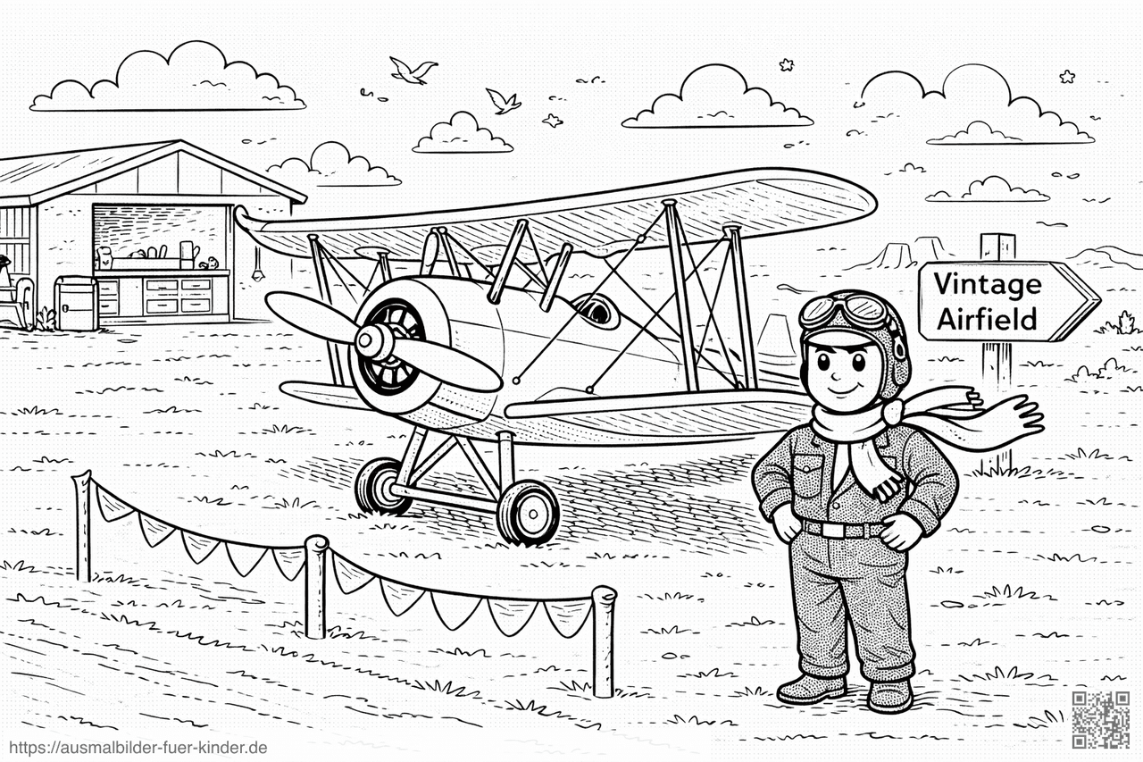 Piloten und Doppeldecker auf historischem Flugfeld - Ausmalbild