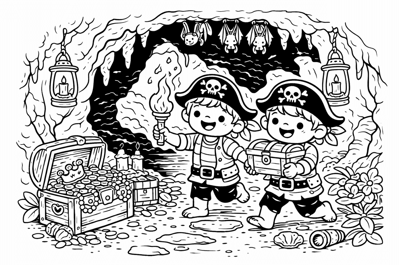 Piratenabenteuer in der Schatzhöhle - Ausmalbild