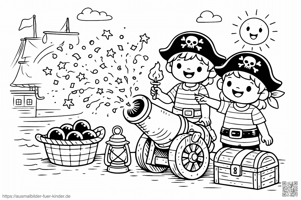 Piratenabenteuer mit Kanone und Konfetti - Ausmalbild