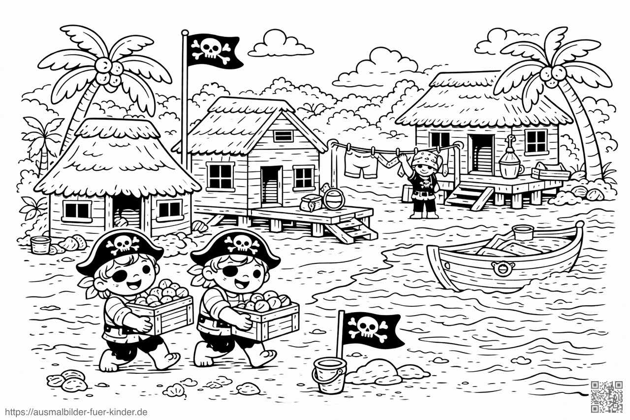 Piratendorf am Strand - Ausmalbild