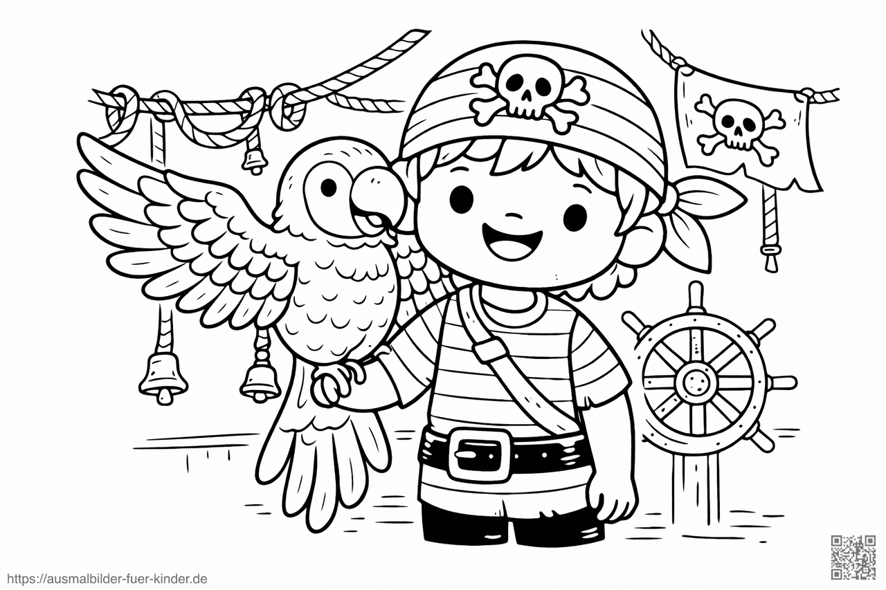 Piratenjunge mit Papagei und Steuerrad - Ausmalbild Piratenjunge mit Papagei und Steuerrad - Ausmalbild