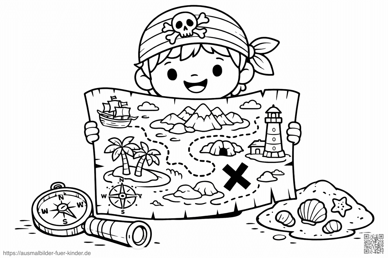 Piratenjunge mit Schatzkarte und Kompass - Ausmalbild Piratenjunge mit Schatzkarte und Kompass - Ausmalbild