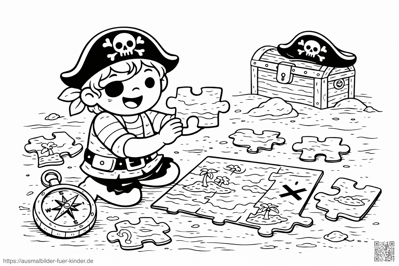 Piratenkind mit Schatzkarte-Puzzle - Ausmalbild