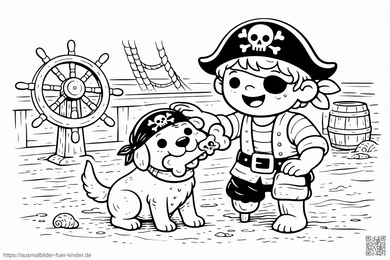 Piratenkind und Hund auf Deck - Ausmalbild