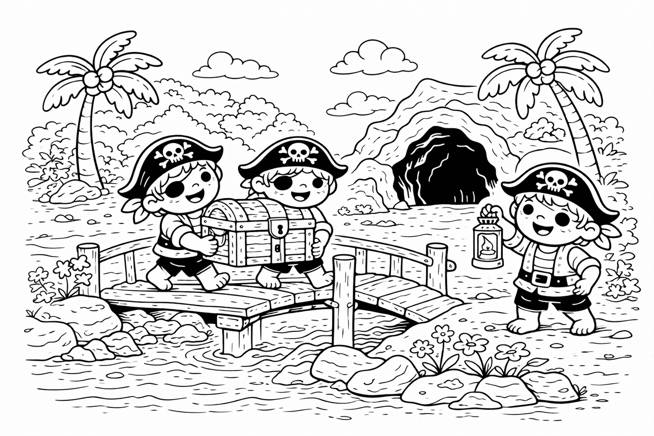 Piratenkinder auf der Holzbrücke - Ausmalbild