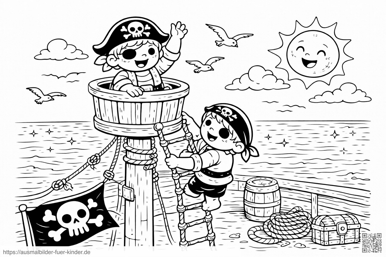 Piratenkinder auf dem Schiff - Ausmalbild