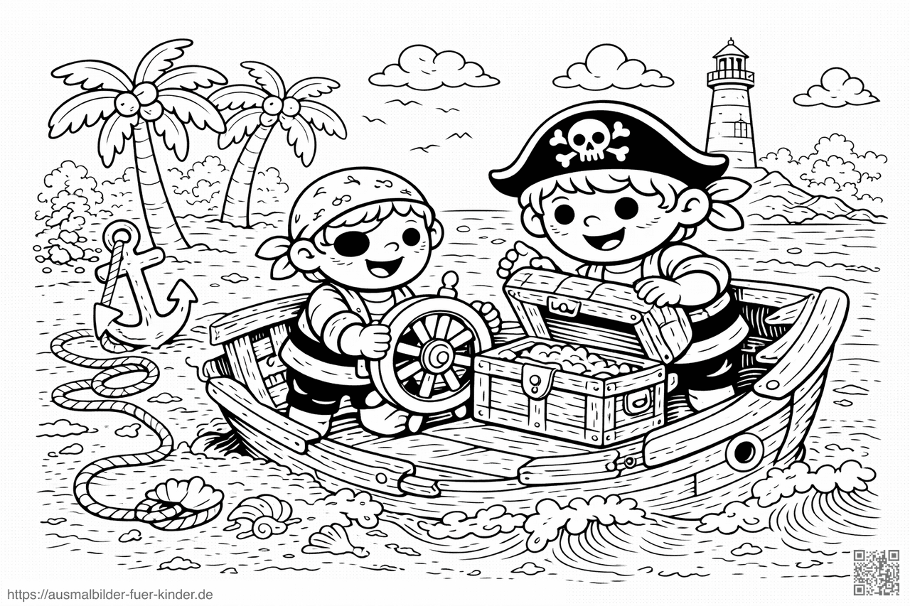 Piratenkinder entdecken ein Schiffswrack - Ausmalbild
