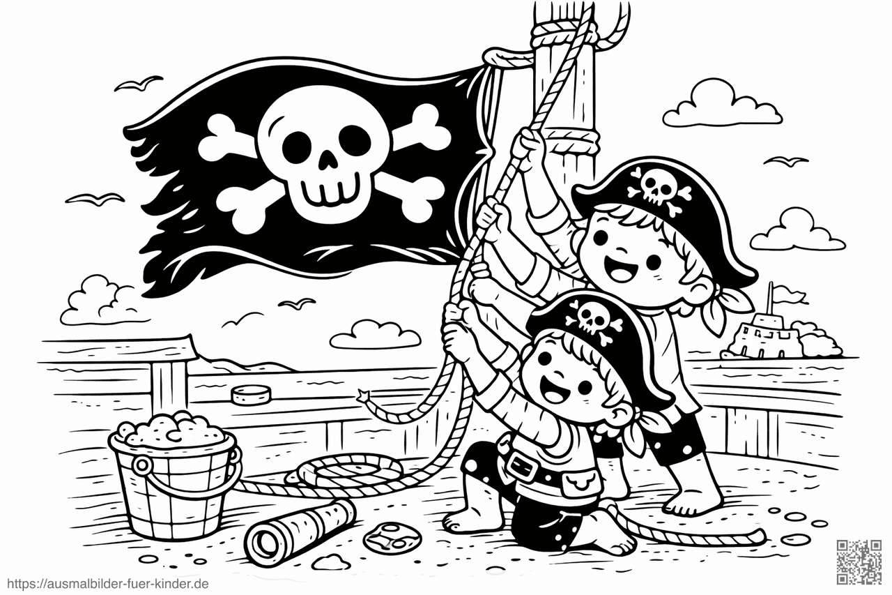 Piratenkinder hissen die Flagge - Ausmalbild