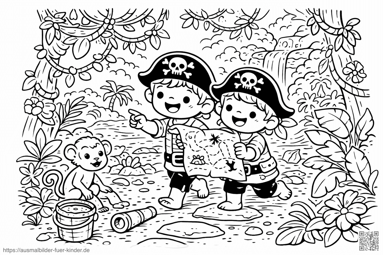 Piratenkinder im Dschungelabenteuer - Ausmalbild