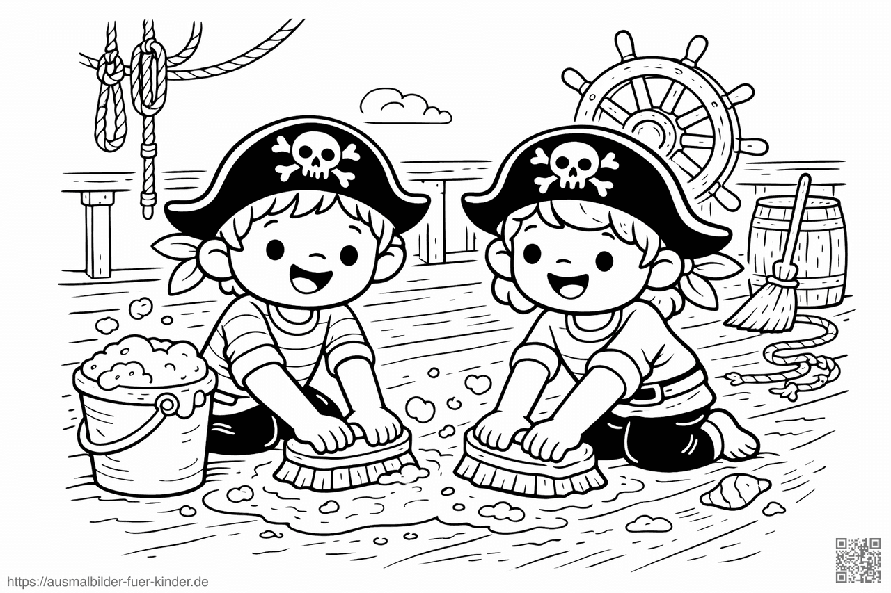 Piratenkinder putzen das Schiffsdeck - Ausmalbild Piratenkinder putzen das Schiffsdeck - Ausmalbild